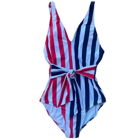 Vineyard Vines Other - Vineyard Vines Women Tie Front V-Neck Striped One Piece Swimsuit Size S Red/Blue